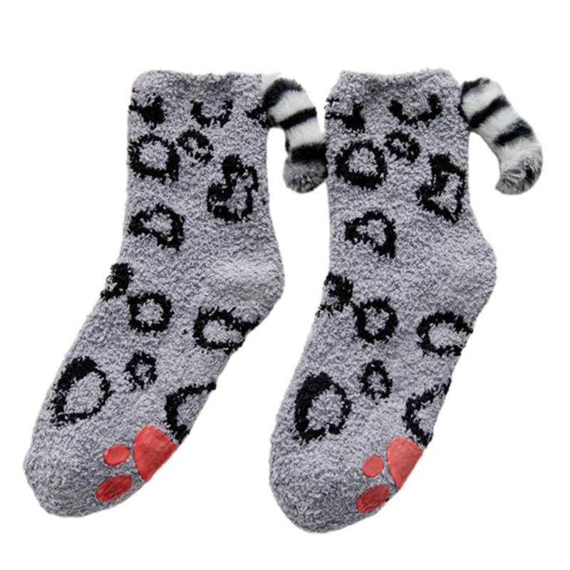 

Women Winter for Cat Paw Fuzzy Slipper Socks with Grippers Cartoon 3D Kitten Plush Tail Anti-Skid Warm drop shipping