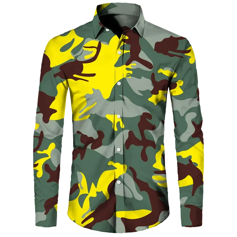 thumbnail image 1 of Camisa de primavera y otoño más nueva para hombre, camiseta de manga larga con estampado 3D de camuflaje, camisa informal con cuello vuelto y botones, camiseta para hombre y mujer, 1 of 5