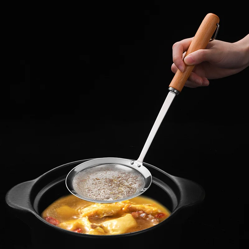Stainless Steel Fine Mesh Strainers Filter Spoon Hot Pot Skimmer Ladle with Wooden Handle Frying Scoop Noodles Dumpling Sieve