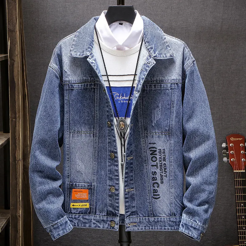 

Модная Джинсовая куртка 2022, Мужская Корейская Свободная джинсовая куртка с вышивкой в стиле ретро на весну и осень, Мужская джинсовая куртка актуальной модели