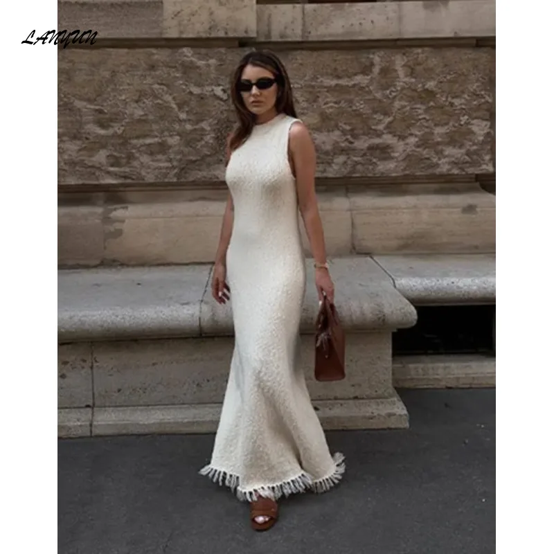 

Fashion Solid Sleeveless Tassel Long A-line Women Dress Slim Elegant Female Maxi Dresses Summer Party Street Wear Vestidos