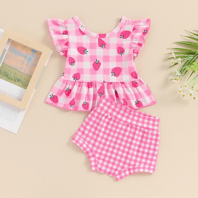 

Little Girls Summer Shorts Sets Flying Sleeve Strawberry/Sunflower Print Tops Plaid PP Shorts Sets