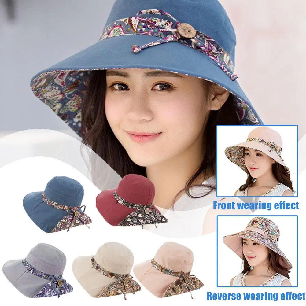 

Double-sided Wide Brim Sun Hats Simple Foldable Portable Print Fashion Caps Sunscreen Non-slip Bow Hats Cycling Anti-uv Out B1T2