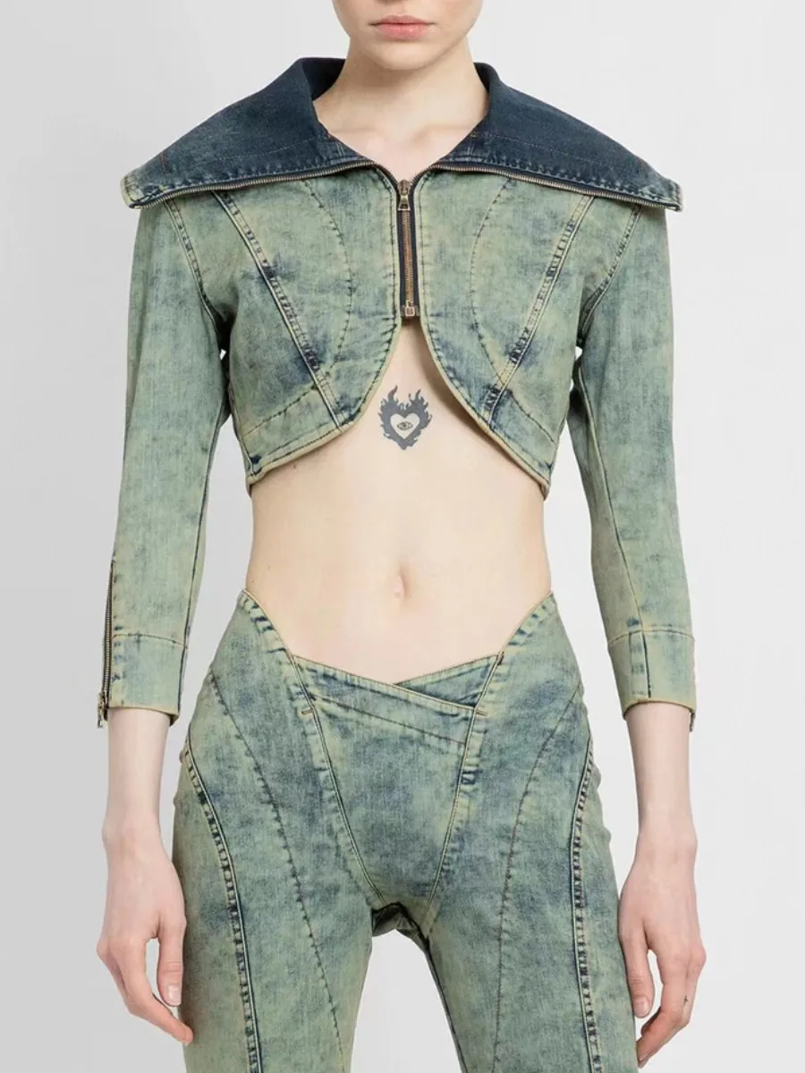 

2023 summer new, women's short denim zipper top, Korean fashion, high quality ladies tops, short jackets, y2k clothes, traf, XL