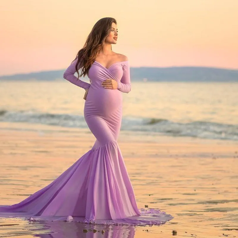 

New Long Sleeve V-neck Maternity Photo Shoot Trailing Long Skirt Photography Dress Long Skirt Evening Dress