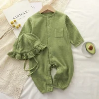 Muslin Baby Jumpsuit Hat Long Sleeve Cotton Toddler Romper for Boys Girls Solid Color Spring Autumn Baby Clothes Newborn Onesie 4