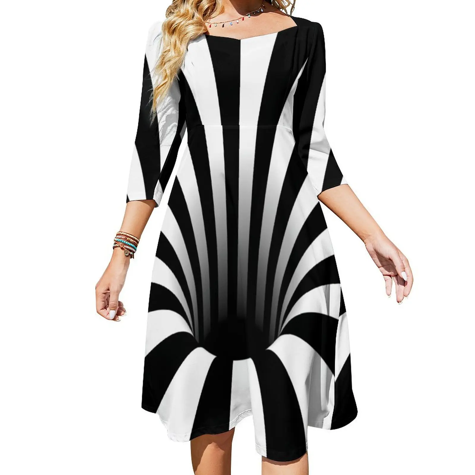 

Оптическая иллюзия черные полосы (черный/белый) расклешенное платье летнее платье корейское женское вечернее платье