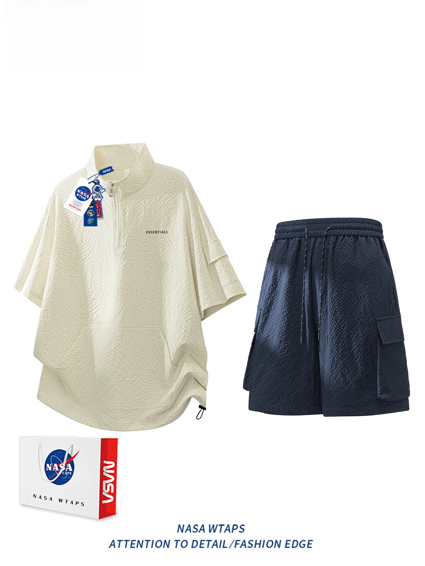 WTAPS 남성 여름 캐주얼 스포츠 루즈핏 반팔 반바지 세트 하프 지퍼 티셔츠 폴리에스터 섬유 청소년용