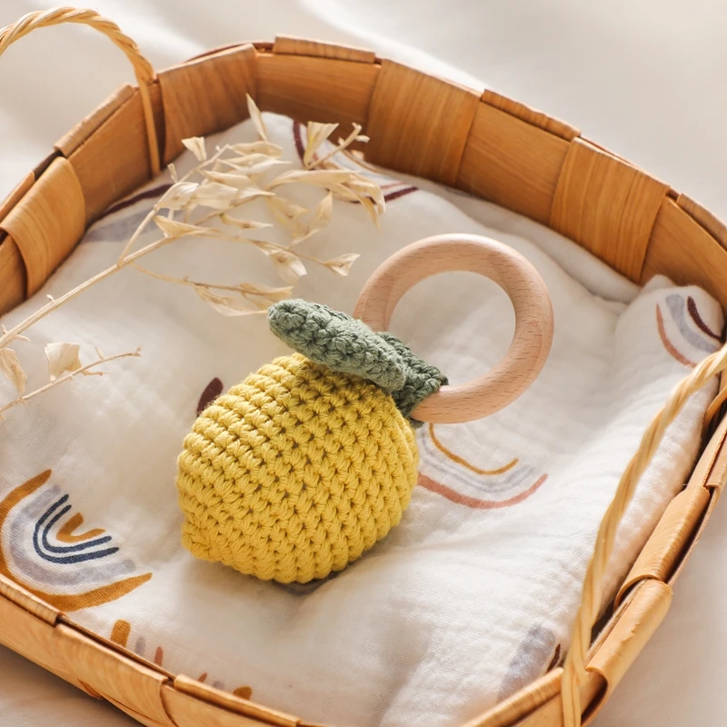 Baby Rattle Toys Crochet Lemon Wooden Bracelet Fruit Musical Teether Handbell Soothing Oral Nursing Bite