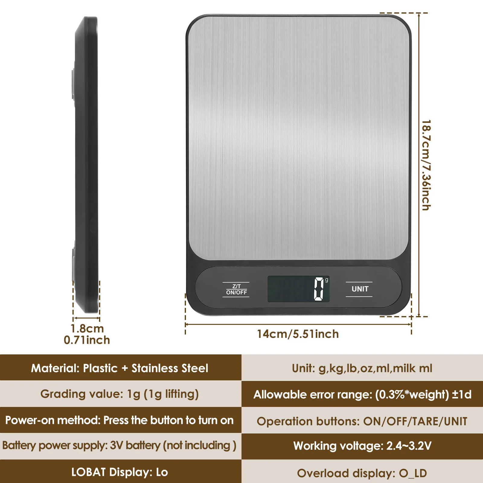 10kg Baking Scale Practical Food Weighing Scale with LCD Display and Stainless Steel Cover for Baking Cooking Counting
