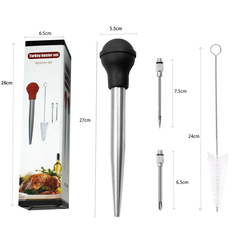 Stainless Steel Turkey Baster Syringe Rubber Bulb Manual Pump Injector With Needle And Cleaning Brush Bbq Seasoning Tool