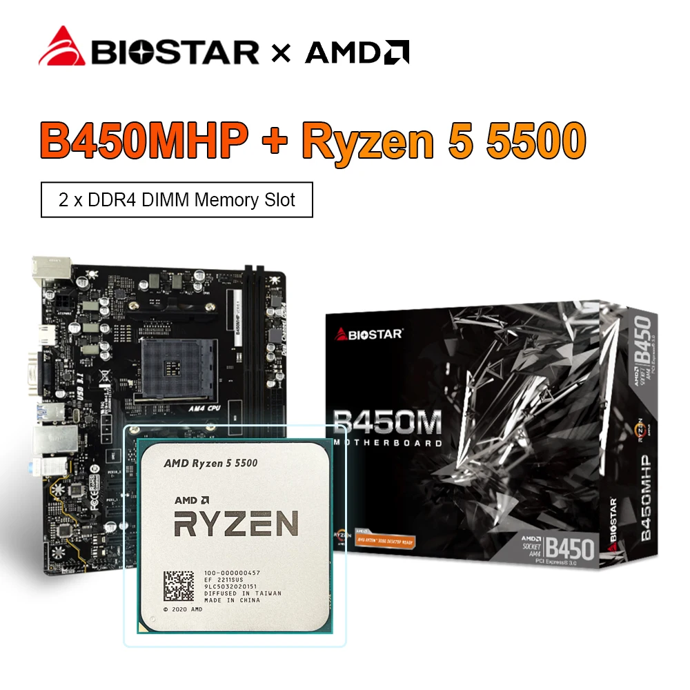 Biostar Nuova Scheda Madre B450Mhp Gaming 32Gb + Amd Ryzen 5 5500 R5 5500 3.6 Ghz 6-Core Processore Cpu A Dodici Thread Socket Am4 7Nm