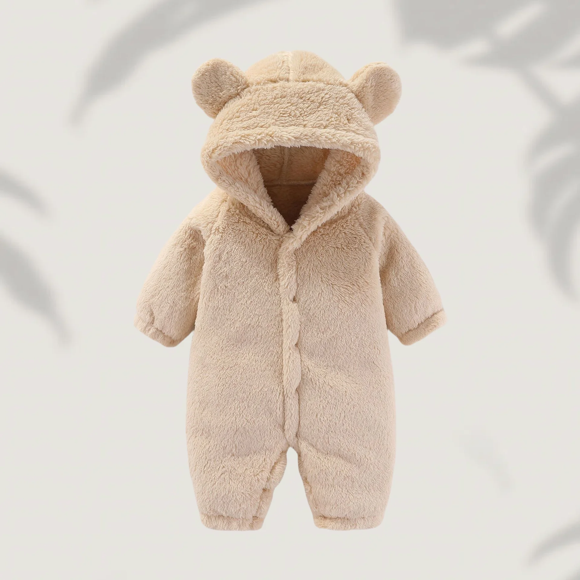 Description Picture 3 of item2025 Autumn Newborn Baby Warm Fleece Bear Ear Romper Jumpsuit Thick Cozy Multi-Color Infant Hooded Jumpsuit Baby Clothing