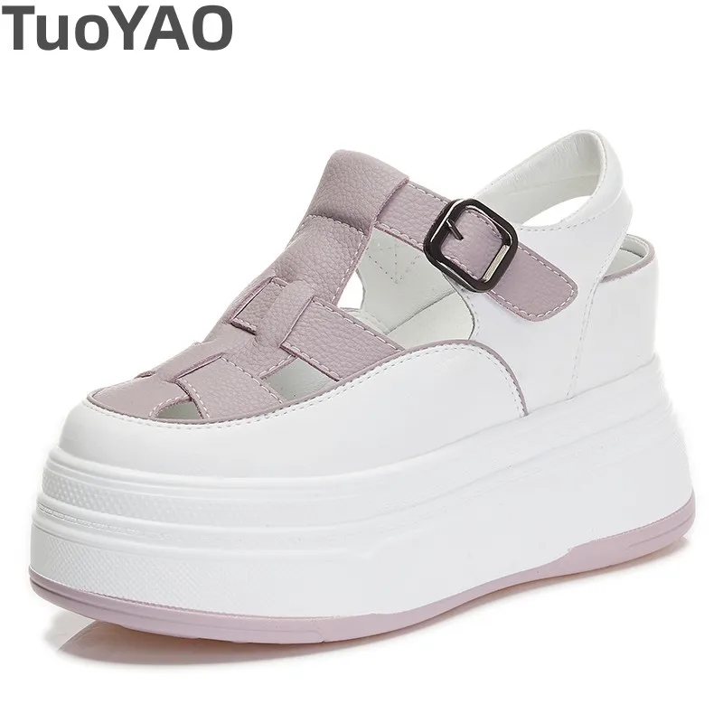 

7cm Hollow Genuine Leather Breathable Sandals Summer 2023 Women Casual Shoes Platform Wedge Chunky Sneakers Shoes Flats Leisure