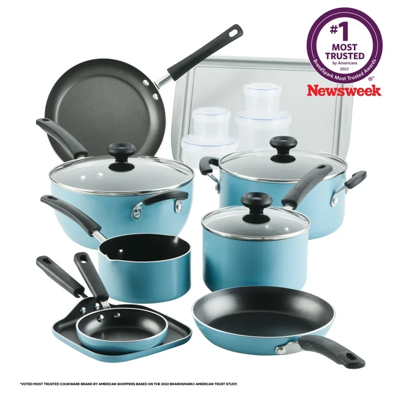 

BOUSSAC 20 Pc Easy Clean Aluminum Nonstick Cookware Pots And Pans Set, Aqua