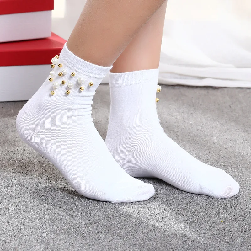 Fashion Women Solid Color Casual Socks w/ Pearls Decoration Ladies Short Cotton Socks 4