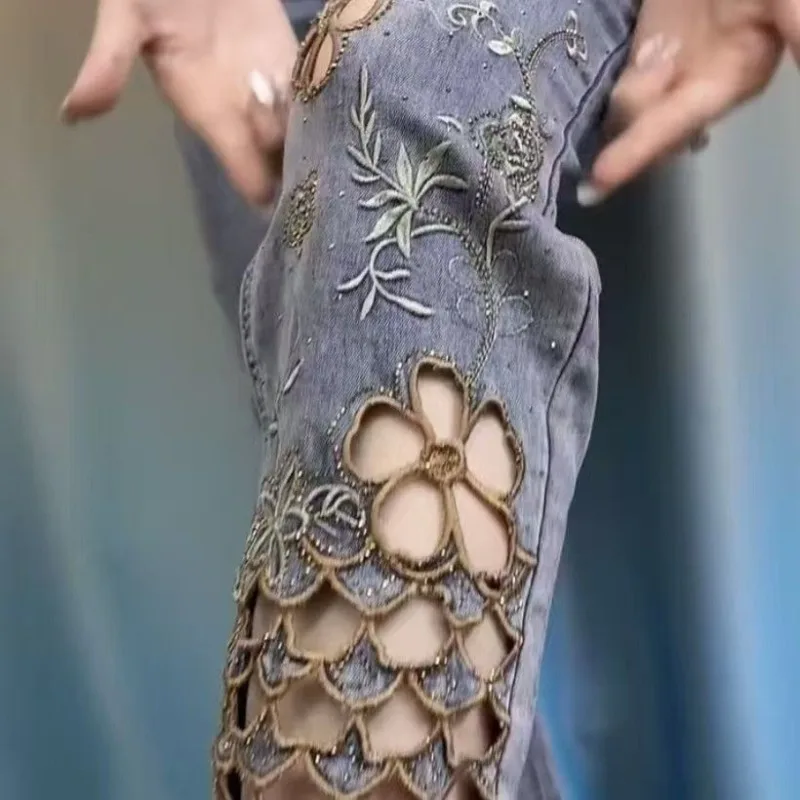 women High end hollowed out embroidered denim eight cigarette tube pants 2025 new summer thin high waist stylish denim tube pant