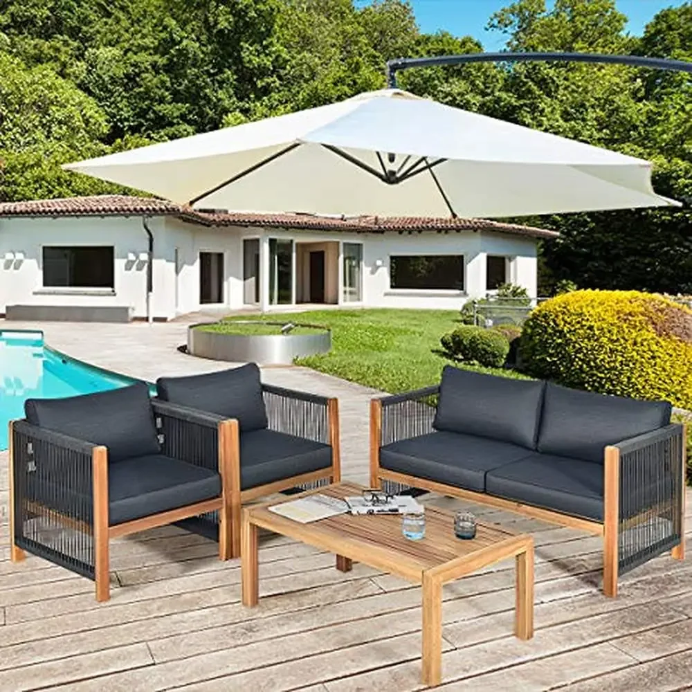 Outdoor Acacia Wood Furniture Set Loveseat Sofa 2 Single Chairs Coffee Table 4 Piece Conversation Set Grey with Cushions 4