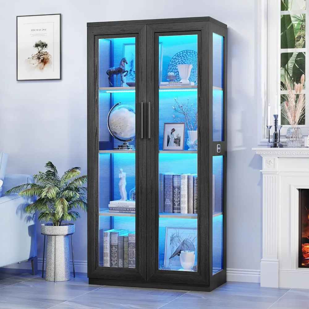 Glass Door Curio Cabinet with LED Lights, Motion Sensor, 4 Shelves for Collectibles Display, Black