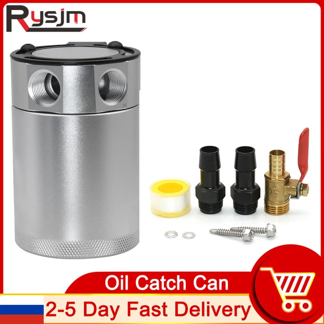 Universal Oil Catch Can Compact Baffled 2-Port Aluminum Reservoir Oil Catch  Tank Fuel Tank Parts Two Hole Breathable Kettle (Black)
