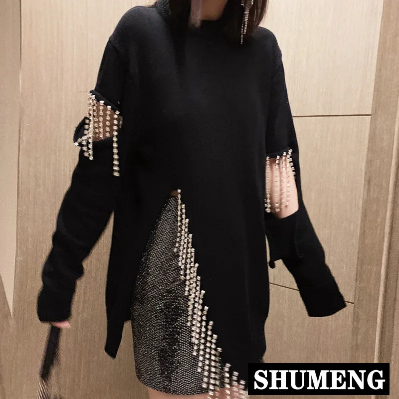 

2022 Fashion Designers Women New Pullover Jumpers Diamond Tassels Hollow Out Winter Sweater Asymmetrical Pullover Knitted Tops