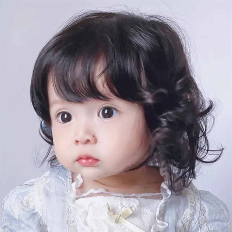 Girl Wig for Kids Toupee Headdress for Children Baby's Cute Short Curly Hair Oblique Bangs Artificial Hair Full Hood Headgear