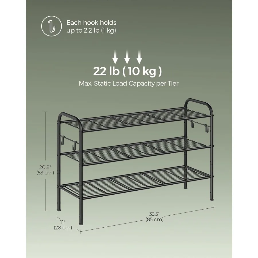 Shoe Rack 3Tier Shoe Organizer Metal Shoe Shelf Storage with 4 Side Hooks Holds 15 Pairs of Shoes HeightAdjustable Shoe Rack fo
