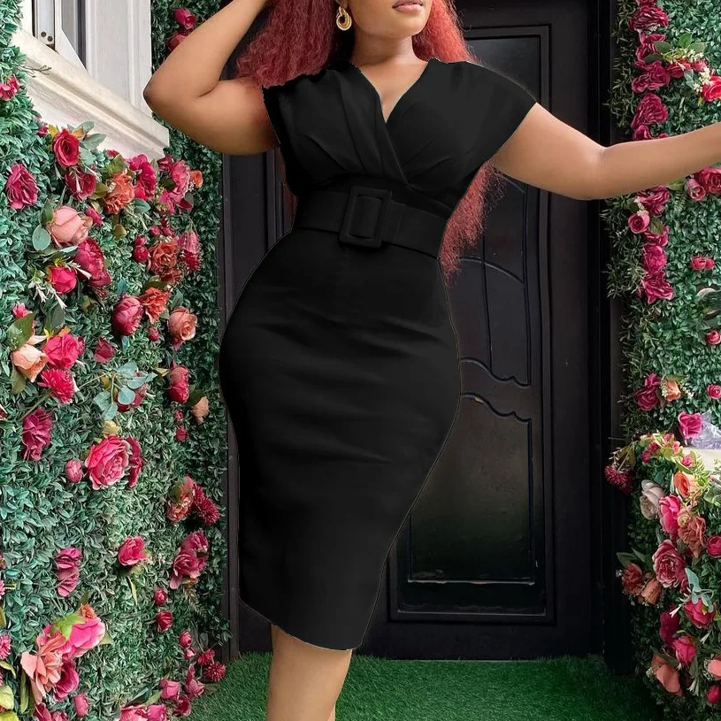 Plus Size Women Formal Dress Solid Sleeveless Belt Elegant Dress Office Lady Luxury Cloth 2022 Fall Female Extra Large Outerwear