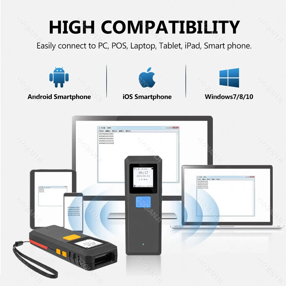 1D Laser 2D Wireless Bluetooth Barcode Scanner Mini Pocket Bar Reader Portable BT Reader QR Code PDF417 Scanner for iPad iPhone
