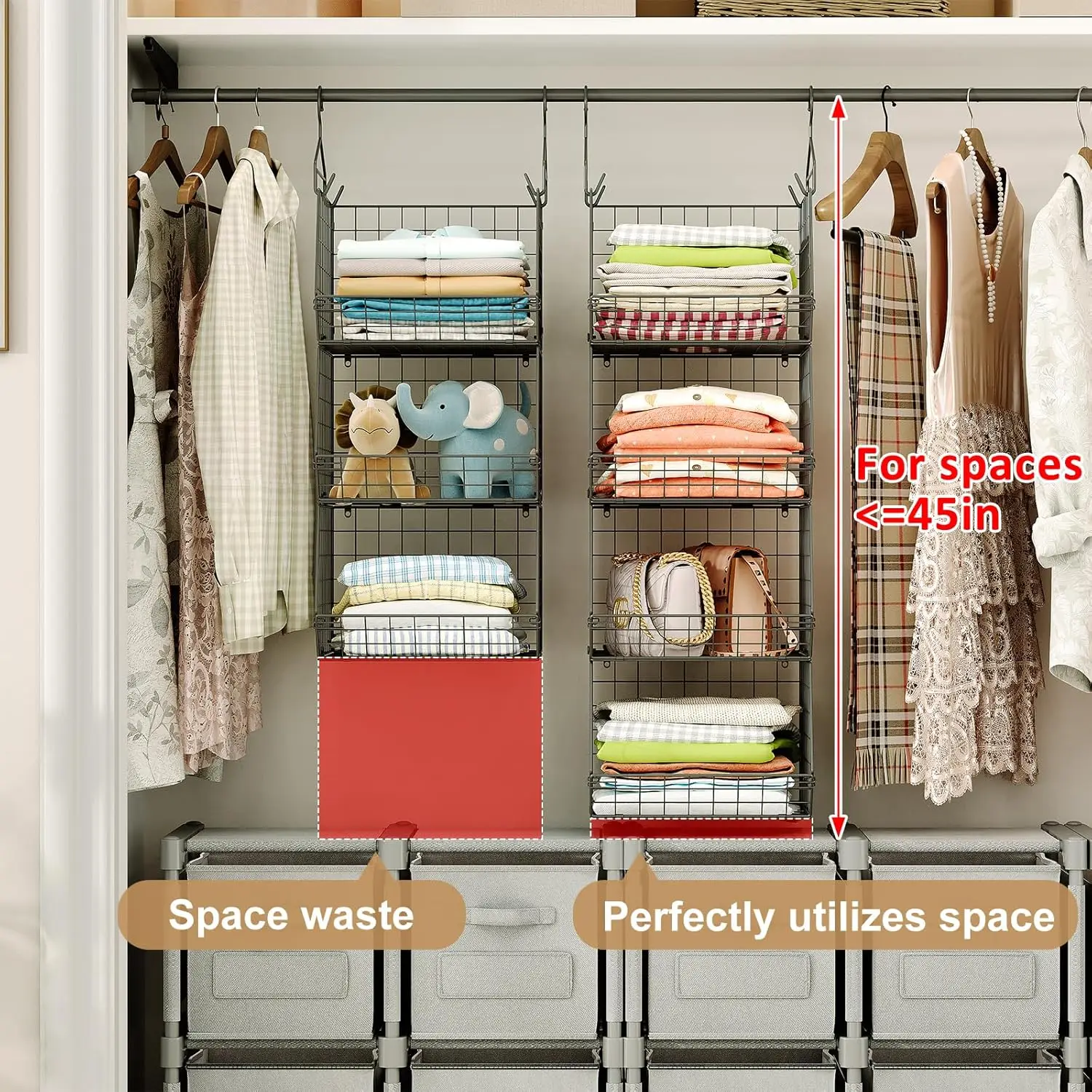 4 Tier Closet Hanging Organizer, Closet Organizers and Storage with 5 S Hooks, Closet Hanging Shelves & Freestanding Wire Storag 2