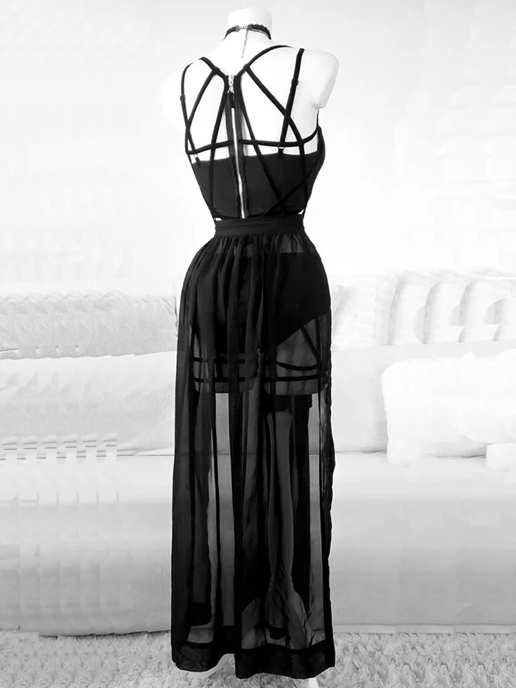 AltGoth Gothic Nightclub Sexy Skirt Set Women See Through Mesh Backless Crop Tops Emo Alt Punk High Waist Underpants Skirt 3pcs 4