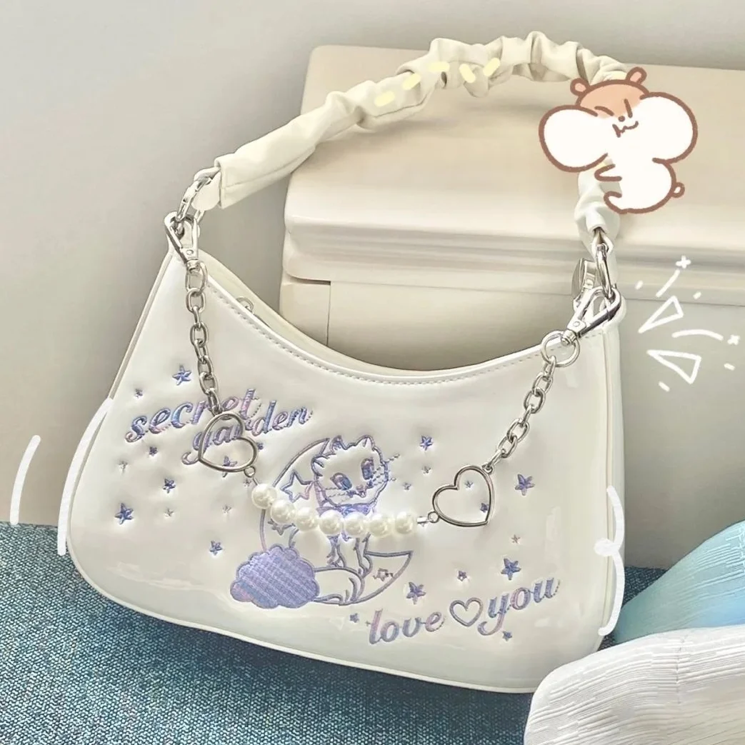 Xiuya Harajuku Cute Shoulder Bag Women Japanese Kawaii Secret Garden Female Bag Sweet Pearl Pleated Handle Womens Handbag 2022