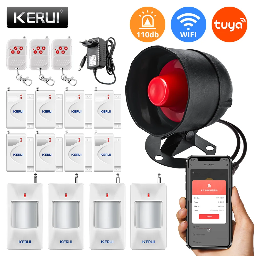 Kerui tuya wi fi alto-falante alto decibel sirene do assaltante sistema de alarme segurança em casa com porta windows sensor movimento para casa