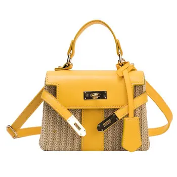 Mode Box Stroh Frauen Handtaschen Designer Korb geflecht gewebte Schulter Umhängetaschen Chic Lock Pu Sommer Strand Rattan kleine Klappe — изображение 5
