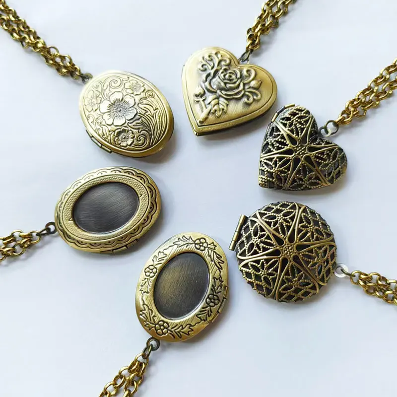 1pc Antique Bronze Heart Round Oval Locket Charms Pendants Long