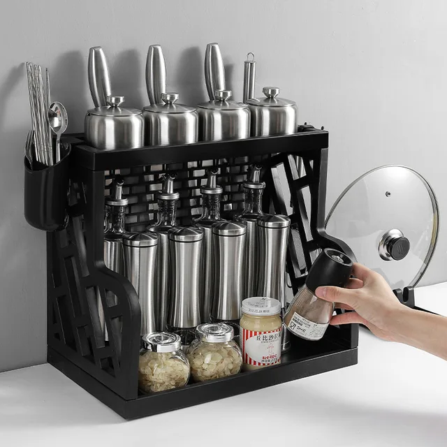 Multifunkcionális Konyhai Fűszeres Állvány, Háztartási Kellékek, Padlóra Szerelt Késtartó, Tároló Két Emelet A