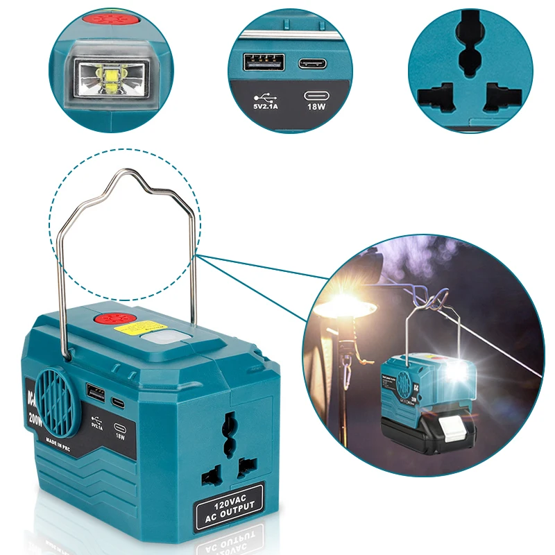 

Портативный инвертор питания для Makita/Dewalt/Bosch/Milwaukee/Ryobi, 18 в, с крючком, USB и выходным портом type-c