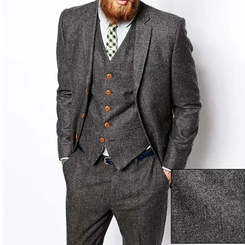 

Gray Herringbone Tweed Winter Men Suits for Wedding 2023 Groom Tuxedo Formal Male Suit Fashion 3 Piece ( Jacket +Vest +Pants )