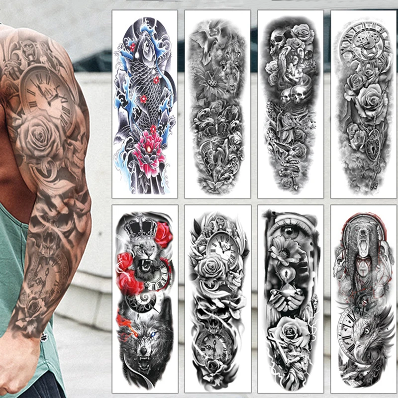 Full Arm Temporary Tattoos Sleeve For Men Women Realistic Fake Tattoos Warrior Skull Totem Flower Tattoo Sticker Totem Maori