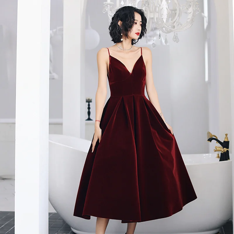 

Velvet Women Party Dress V Neck Spaghetti Strap High Waist Backless Elegant Dresses Female Clothing Burgundy Graduation Gowns