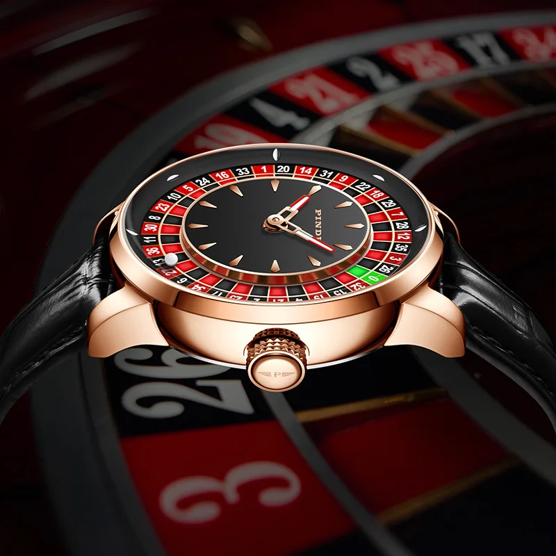 PINDU projekt nowy zegarek mechaniczny NH35 obracająca się tarcza Las Vegas ruletka z motywem automatyczny zegarek męski diamentowe świecące dłonie