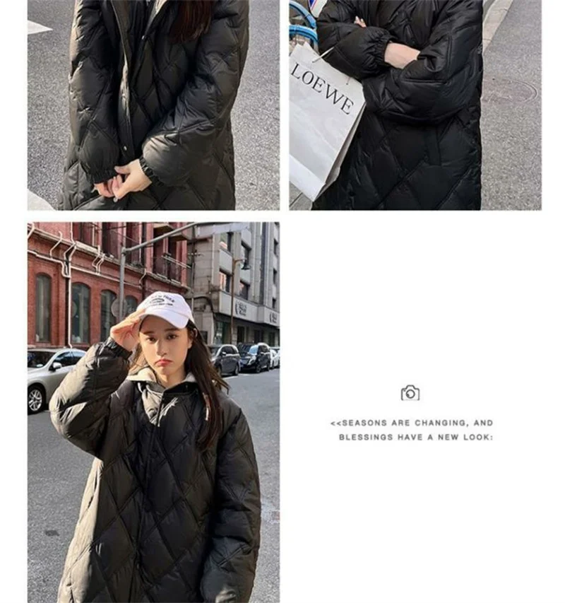 2025 Autumn Winter New Down Cotton Jacket Women's Long Over Knee Loose Jacket Diamond Grid Quilted Jacket Fake Two-Piece Parka