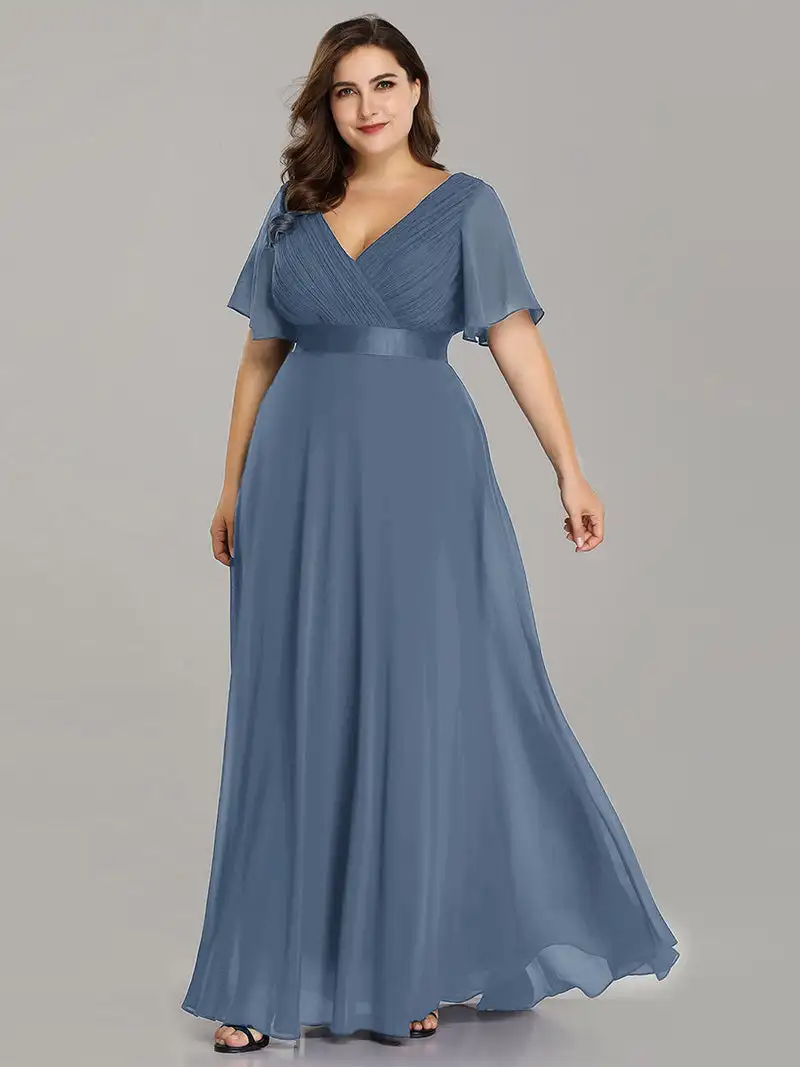 Plus Size Evening Dresses Long A-LINE Double V-Neck Ruffles Gown 2024 Ever Pretty of Chiffon Dusty Navy Bridesmaid Women Dress