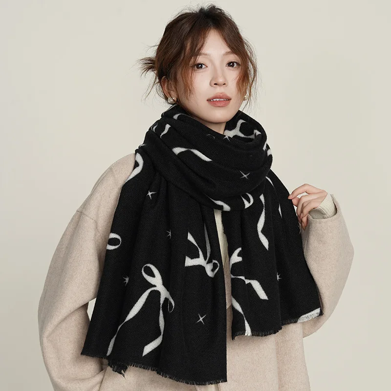 Korean Style Bow Imitation Cashmere Double-sided Scarf for Women Winter Large High-end Shawl Office Fashion Outerwear