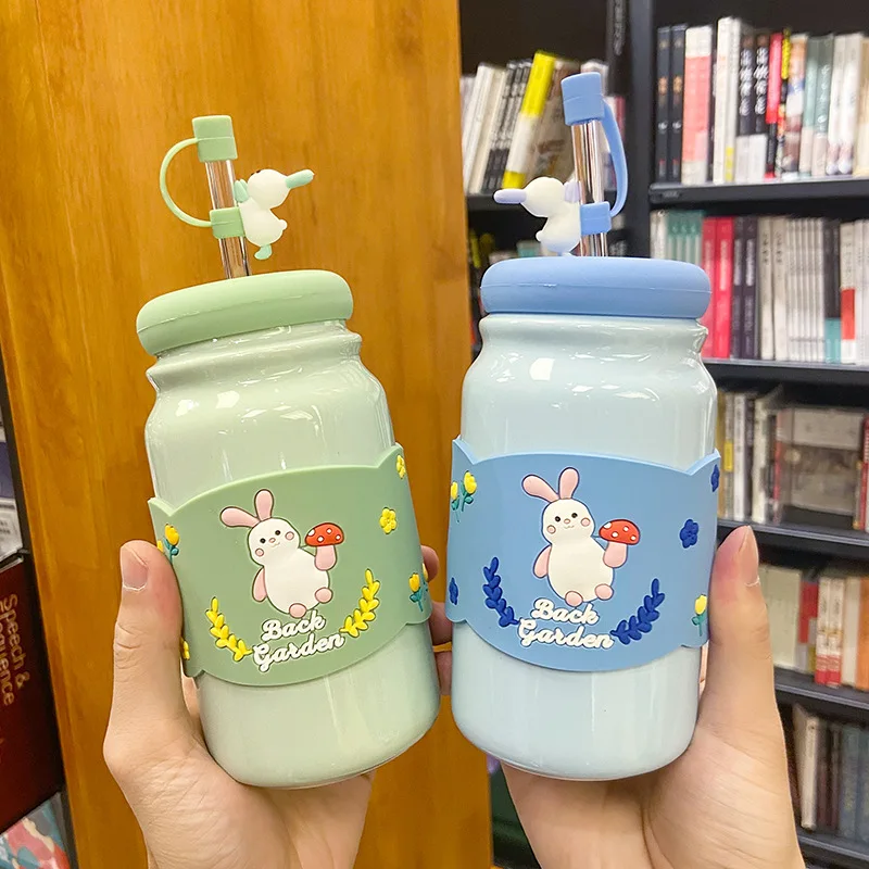 

Ceramic Water Cup Cartoon Cute with Straw Ceramic Mug Large Capacity Milk Tea Juice Water Cup Home Office Cup Kitchen Items