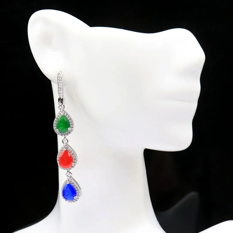 925 SOLID STERLING SILVER Earrings 7.5g Multi Color Blue Sapphire Emerald Red Rubies White CZ Woman's Wedding Polished Shiny