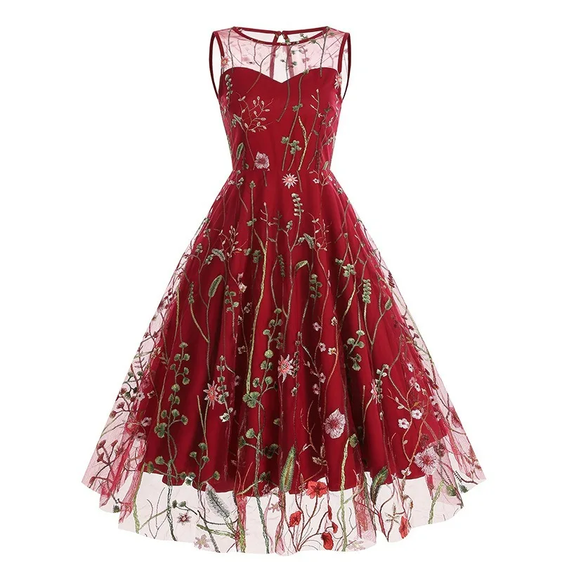 

Women Sheer Mesh Floral Embroidery Dress Illusion Vintage Cocktail 50s Goth Swing Dress Wedding Party Prom Tulle Evening Dress