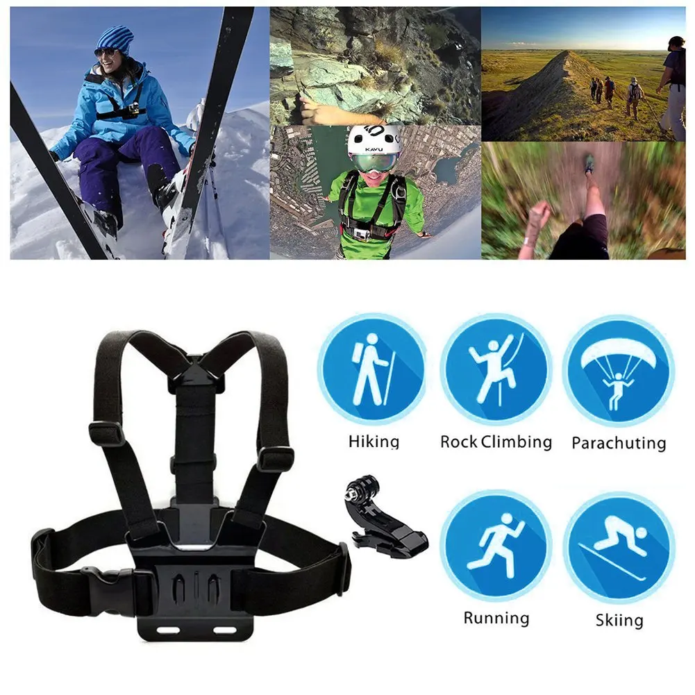 Harnais de poitrine ajusté sur une personne, montrant les sangles et le support de caméra, compatible GoPro et DJI.