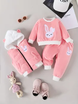 A Cute Rabbit Embroidered Silver Fox Fur Set For Baby Girls In Autumn And Winter Featuring Long-Sleeved Shirts Long Pants And 1