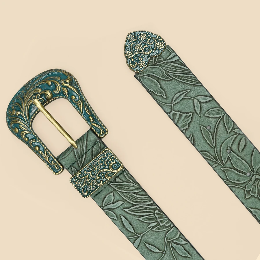 Vintage women's belt carved in dark color with leaf print, versatile for a casual belt for autumn and winter, decor for daily commuting.